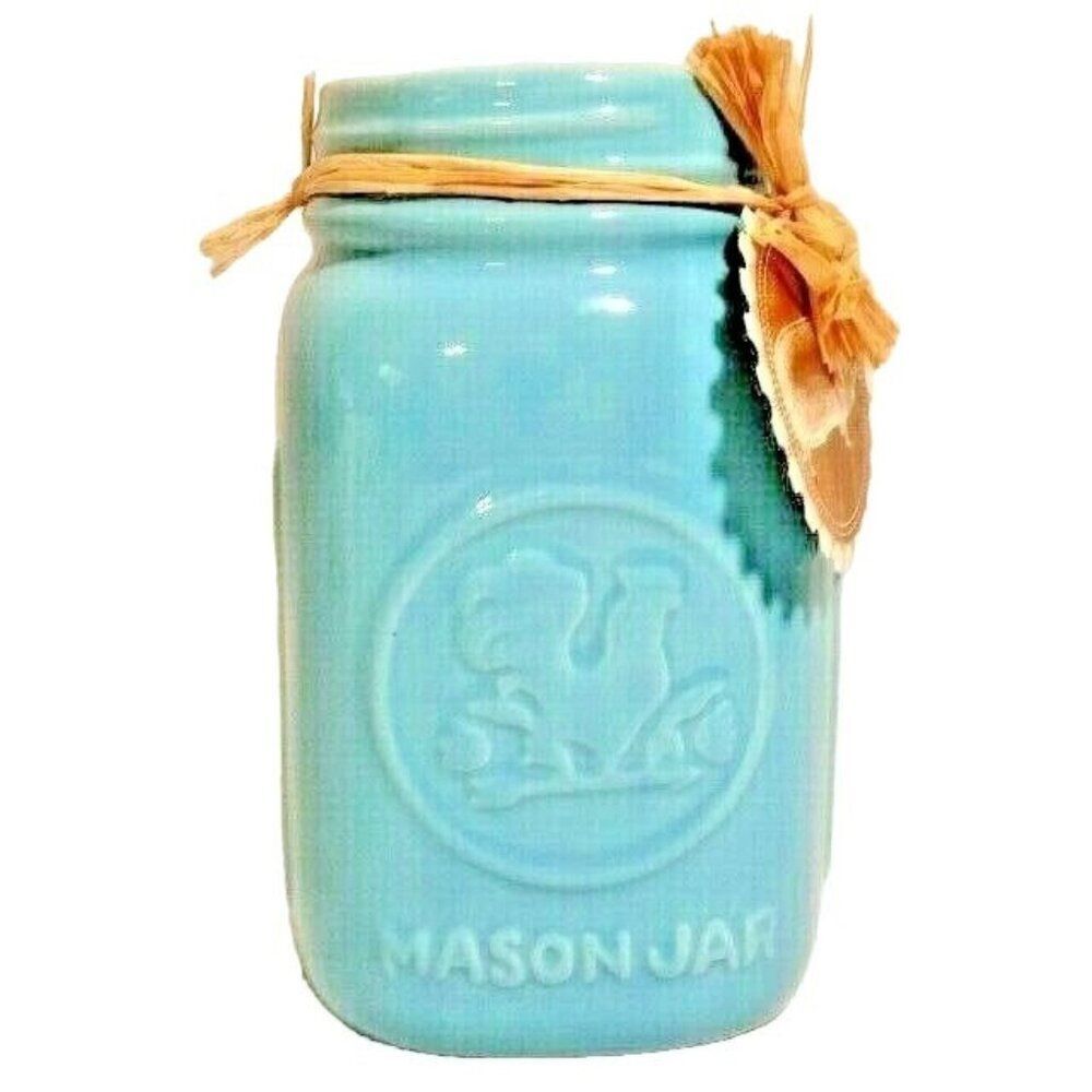 Country Mason Jar Blue Measuring Cup Utensil Holder Embellished Rooster 7 x 4-in